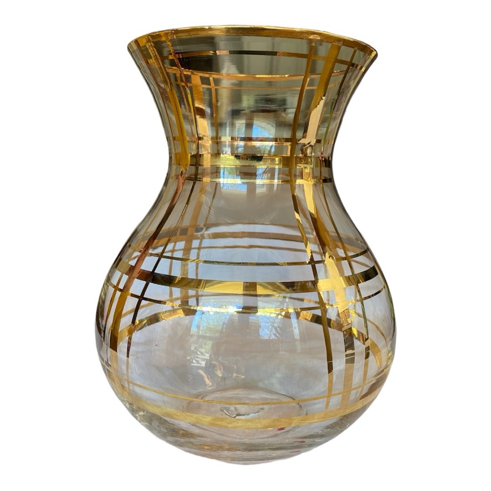 Vintage Mid Century Clear Glass Vase Hand Painted Gold Plaid Striped Grid MCM